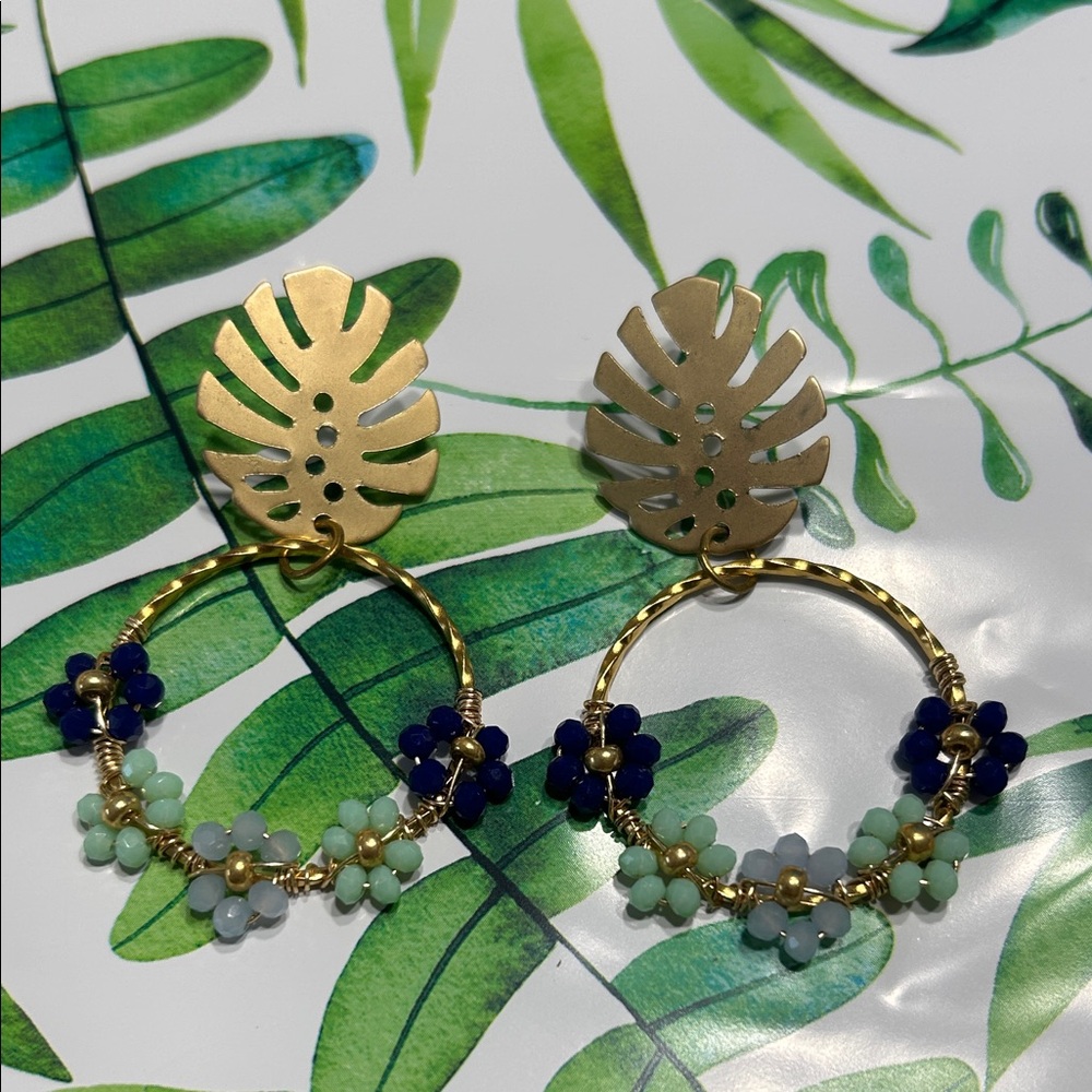 Gold Leaf and Beaded Hoop Earrings Jewelry